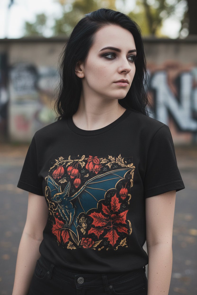 T-Shirt - Bat and Holly Goth Shirt | Light Fitted - Unisex Bella+Canvas 3001 | Bats, Christmas | Goth/Gothic from Crypto Zoo Tees