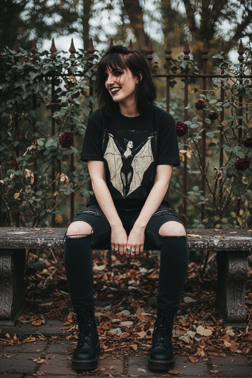 T-Shirt - Bat Lady Goth Shirt | Unisex Heavy Cotton - Gildan 5000 | Bats, Halloween | Goth/Gothic from Crypto Zoo Tees