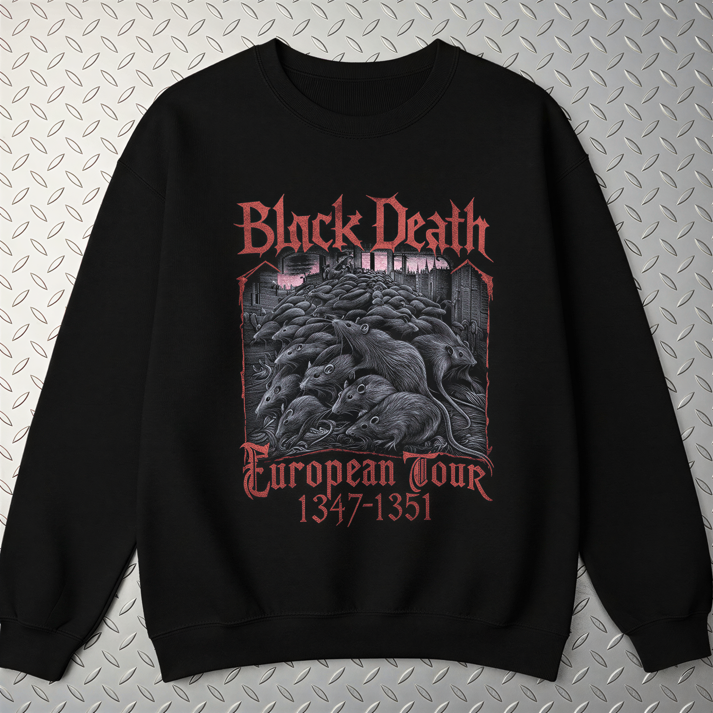 A black sweatshirt with a graphic design featuring a group of mice or rats in a dark, Gothic-style setting. The text on the sweatshirt reads "Black Death European Tour 1347-1351".