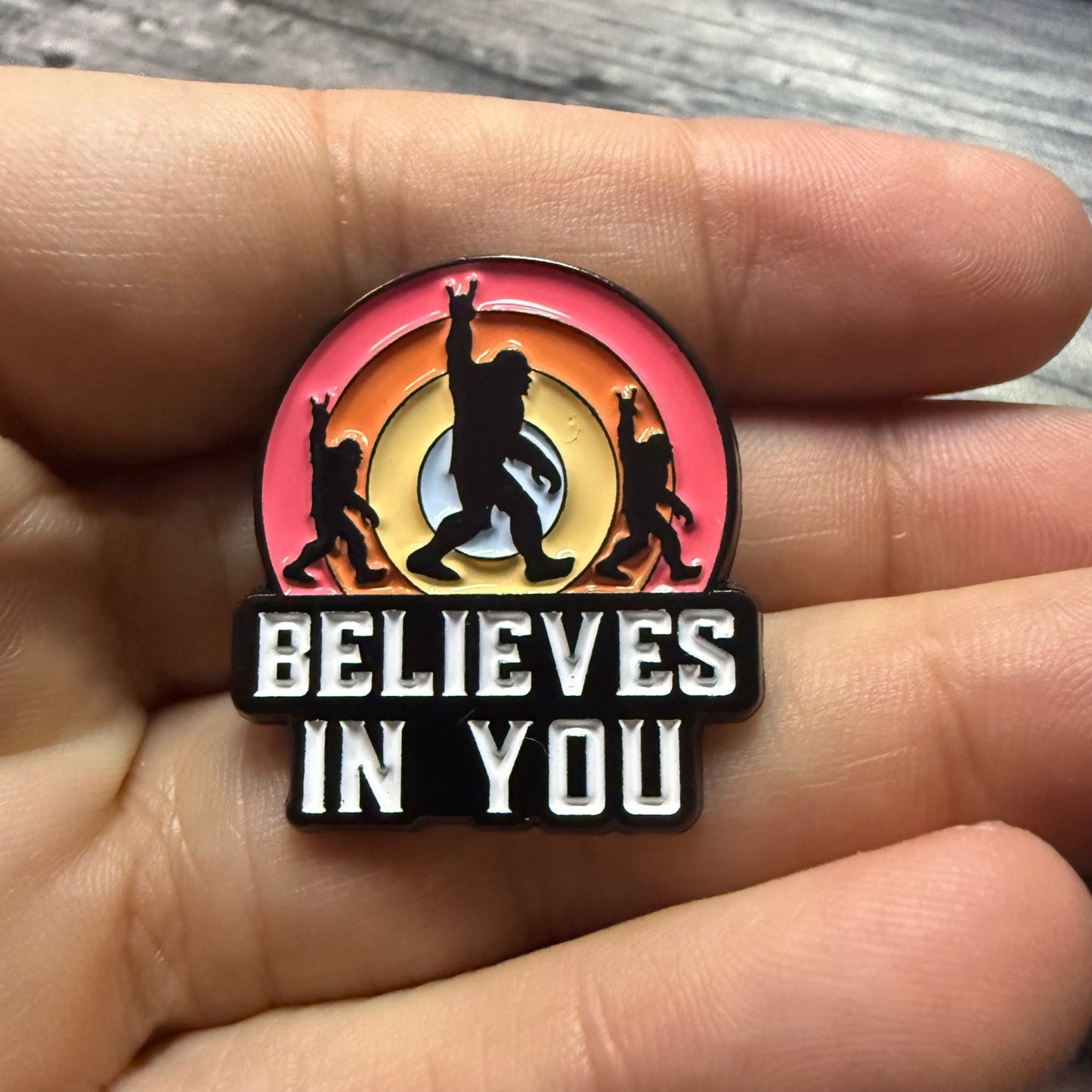  - Bigfoot Believes In You Pin | Sasquatch Enamel Pin | Retro Cryptid | Pinback from Crypto Zoo Tees