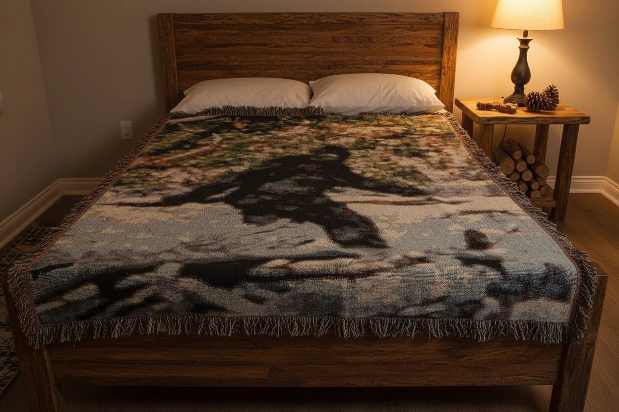 Home Decor - Bigfoot Blanket | Patterson Gimlin Photo | Woven Cotton Throw | Bigfoot, Cryptids from Crypto Zoo Tees