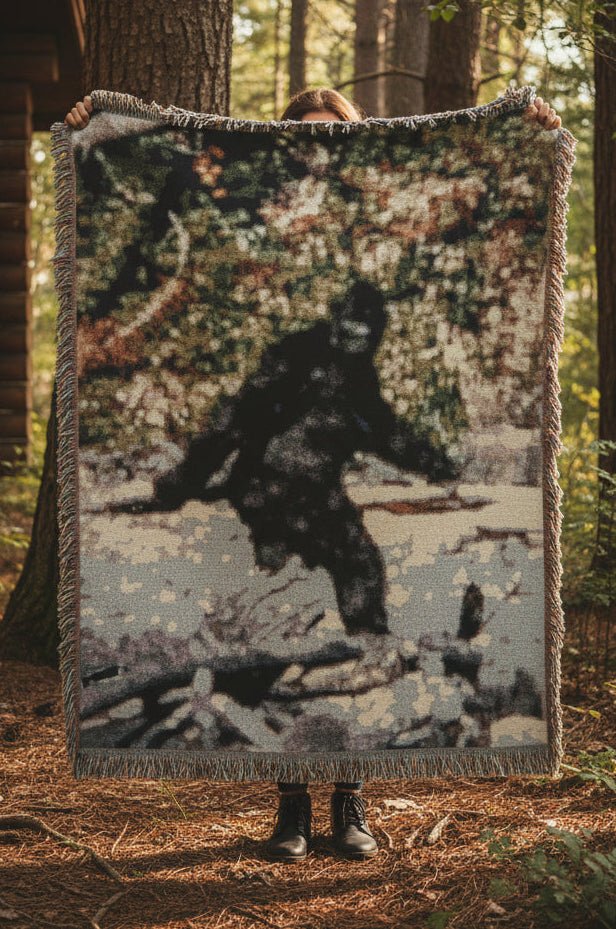 Home Decor - Bigfoot Blanket | Patterson Gimlin Photo | Woven Cotton Throw | Bigfoot, Cryptids from Crypto Zoo Tees