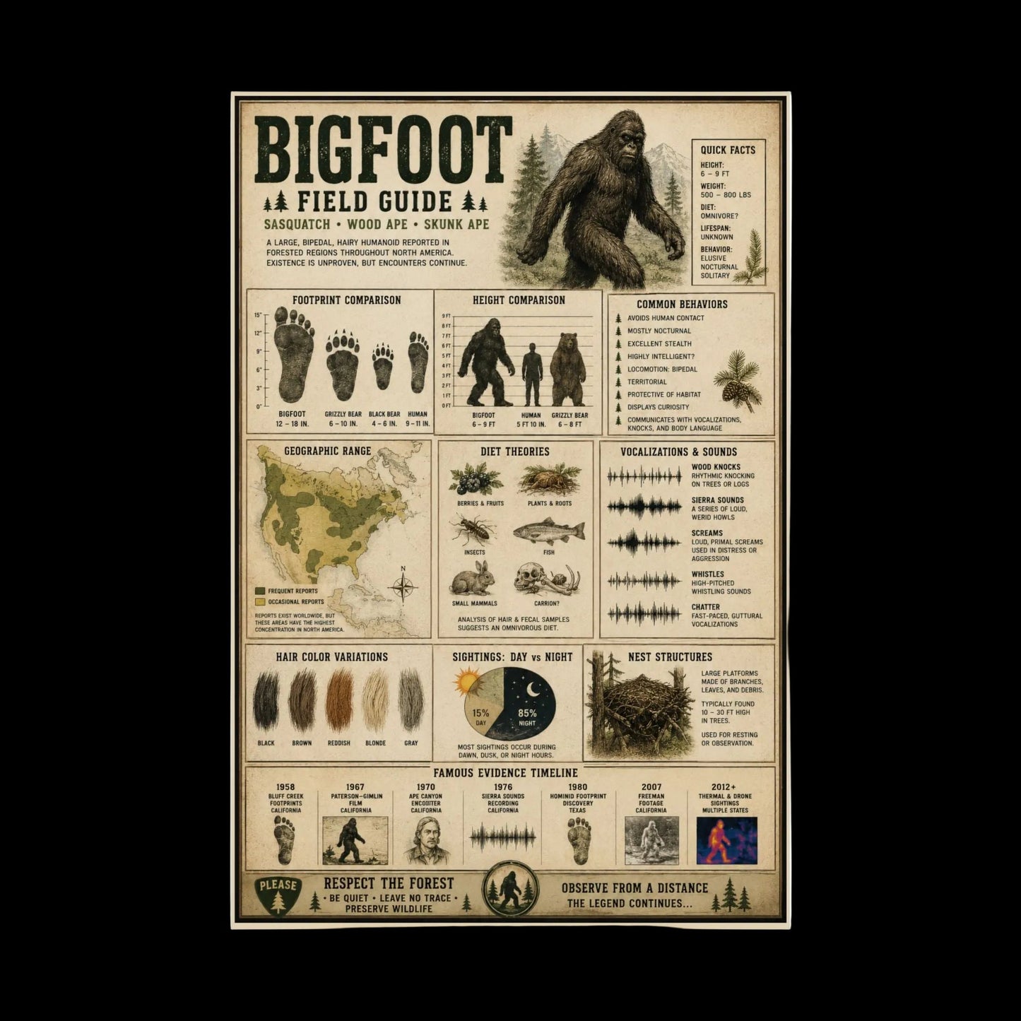 Poster - Bigfoot Field Guide Poster | Wall Art | Bigfoot, Cryptids, Retro & Vintage from Crypto Zoo Tees