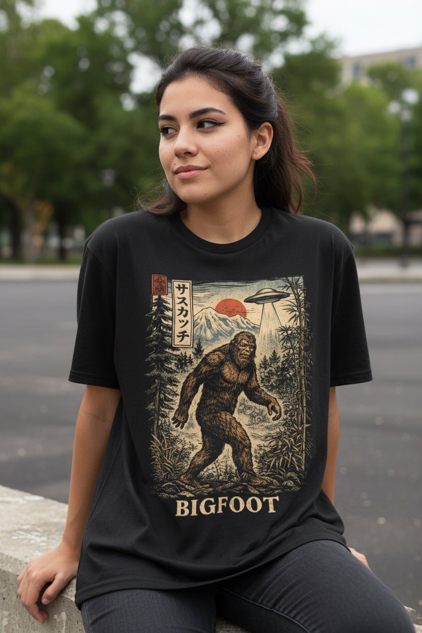 T-Shirt - Bigfoot Japan Shirt | Unisex Heavy Cotton - Gildan 5000 | Bigfoot, Cryptids, Horror, Retro & Vintage from Crypto Zoo Tees
