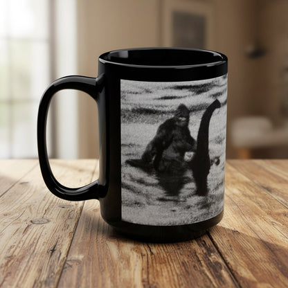 Mug - Bigfoot Riding Loch Ness Mug | Black 15oz Ceramic | Cryptids, Alien & UFO from Crypto Zoo Tees