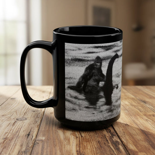 Mug - Bigfoot Riding Loch Ness Mug | Black 15oz Ceramic | Cryptids, Alien & UFO from Crypto Zoo Tees