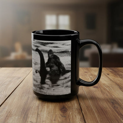 Mug - Bigfoot Riding Loch Ness Mug | Black 15oz Ceramic | Cryptids, Alien & UFO from Crypto Zoo Tees