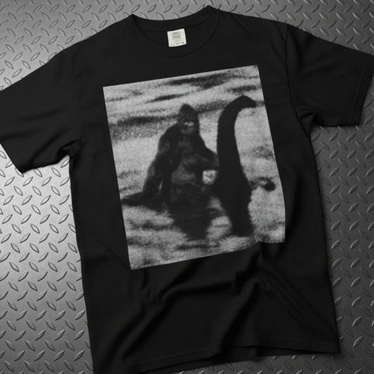 T-Shirt - Bigfoot Riding Nessie Shirt | Comfort Colors 1717 | Bigfoot, Cryptids | Retro & Vintage from SHIRT MONSTERS