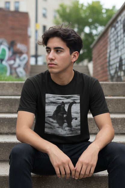 T-Shirt - Bigfoot Riding Nessie Shirt | Unisex Heavy Cotton Gildan 5000 | Bigfoot, Cryptids | Retro & Vintage from SHIRT MONSTERS (Formally Crypto Zoo Tees)