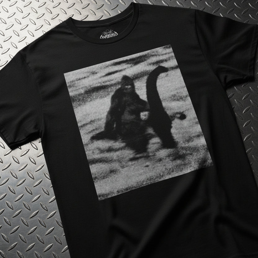T-Shirt - Bigfoot Riding Nessie Shirt | Unisex Heavy Cotton Gildan 5000 | Bigfoot, Cryptids | Retro & Vintage from SHIRT MONSTERS (Formally Crypto Zoo Tees)