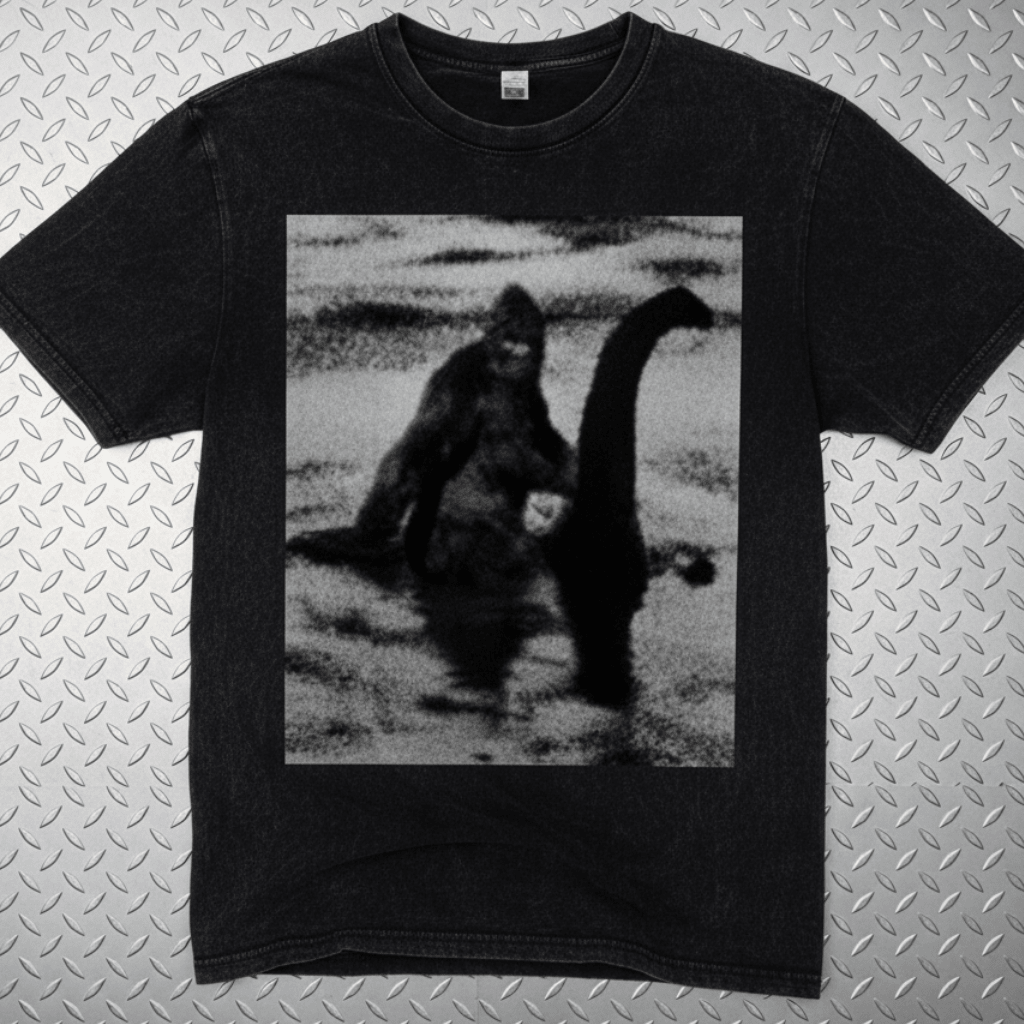 T-Shirt - Bigfoot Riding Nessie Shirt | Unisex Heavy Vintage - Unisex Lane Seven | Bigfoot, Cryptids, Retro & Vintage, Funny from SHIRT MONSTERS