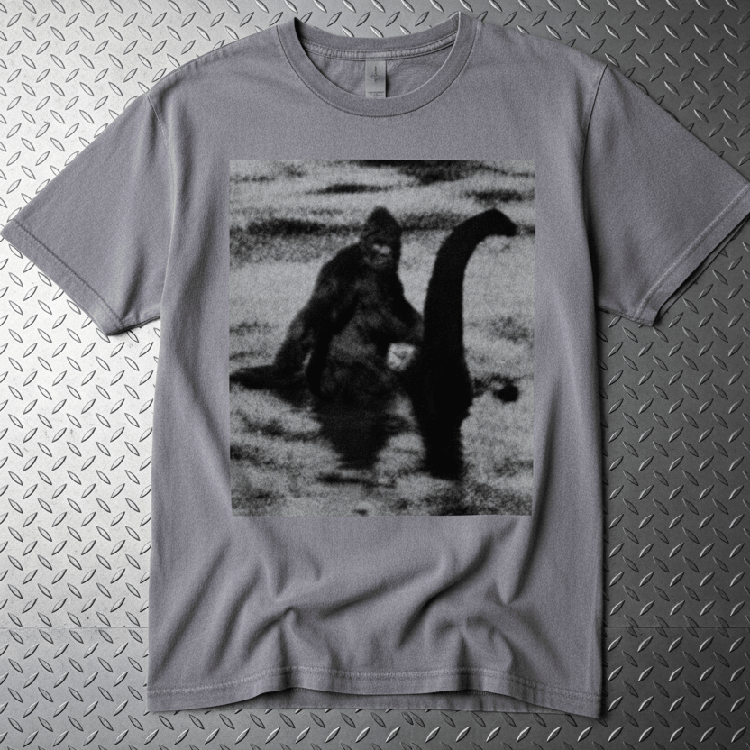 T-Shirt - Bigfoot Riding Nessie Shirt | Unisex Heavy Vintage - Unisex Lane Seven | Bigfoot, Cryptids, Retro & Vintage, Funny from SHIRT MONSTERS