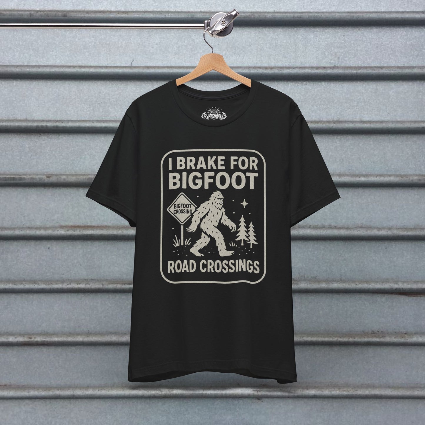 T-Shirt - Bigfoot T-Shirt Funny Crossing Tee I Brake For Bigfoot Shirt Black Tee Sasquatch Graphic Tee Outdoor Style Gift For Dad from SHIRT MONSTERS