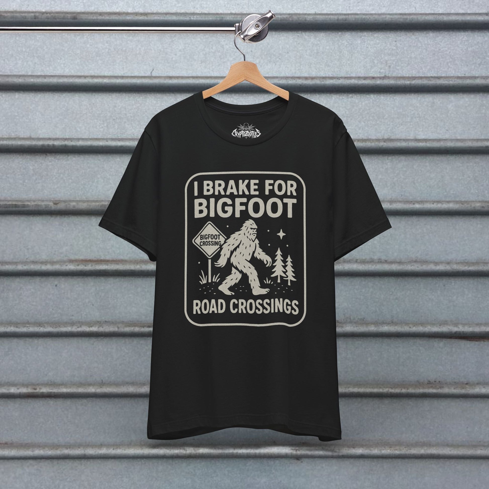 T-Shirt - Bigfoot T-Shirt Funny Crossing Tee I Brake For Bigfoot Shirt Black Tee Sasquatch Graphic Tee Outdoor Style Gift For Dad from SHIRT MONSTERS