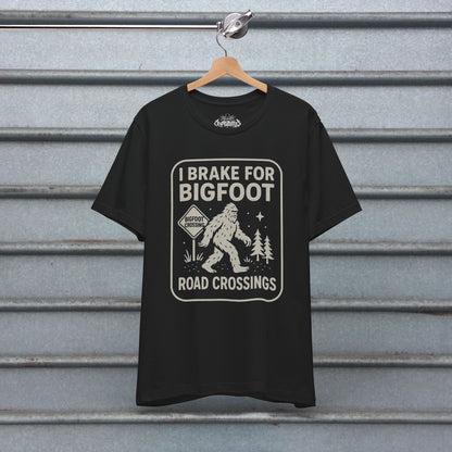 T-Shirt - Bigfoot T-Shirt Funny Crossing Tee I Brake For Bigfoot Shirt Black Tee Sasquatch Graphic Tee Outdoor Style Gift For Dad from SHIRT MONSTERS