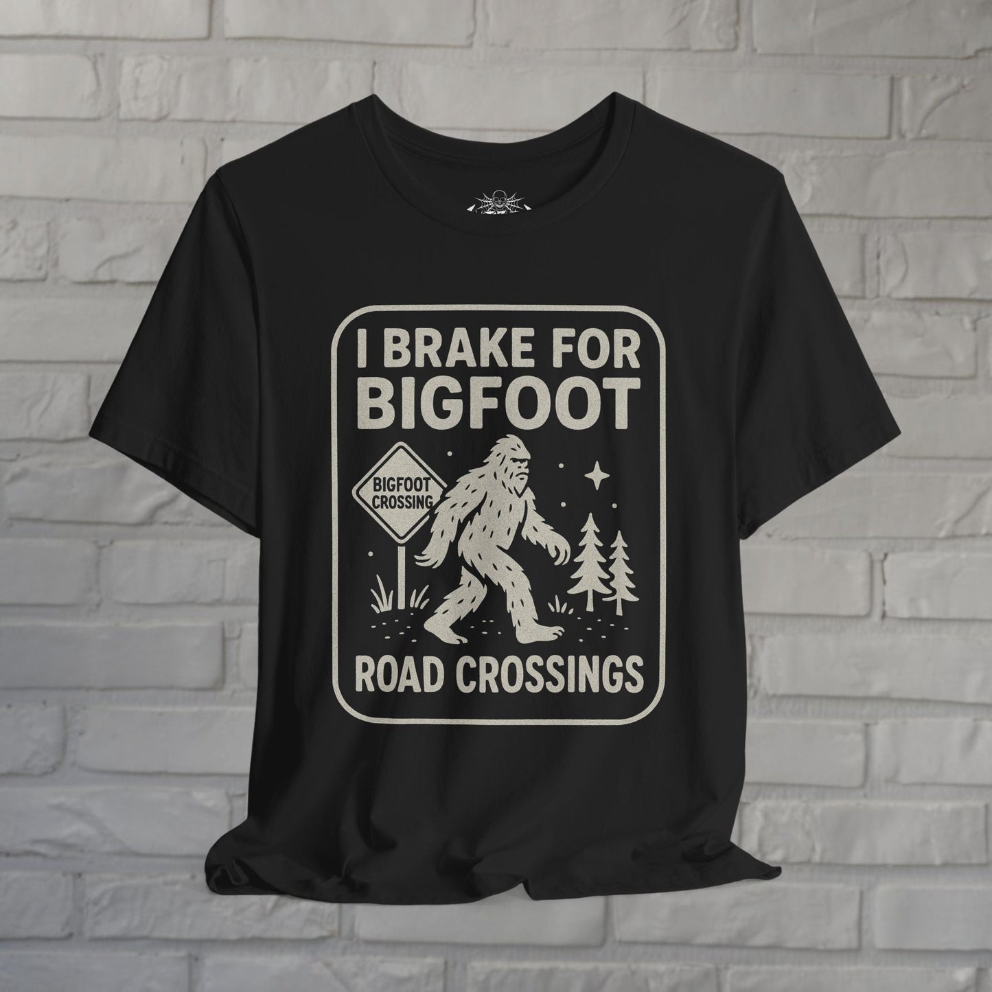 T-Shirt - Bigfoot T-Shirt Funny Crossing Tee I Brake For Bigfoot Shirt Black Tee Sasquatch Graphic Tee Outdoor Style Gift For Dad from SHIRT MONSTERS