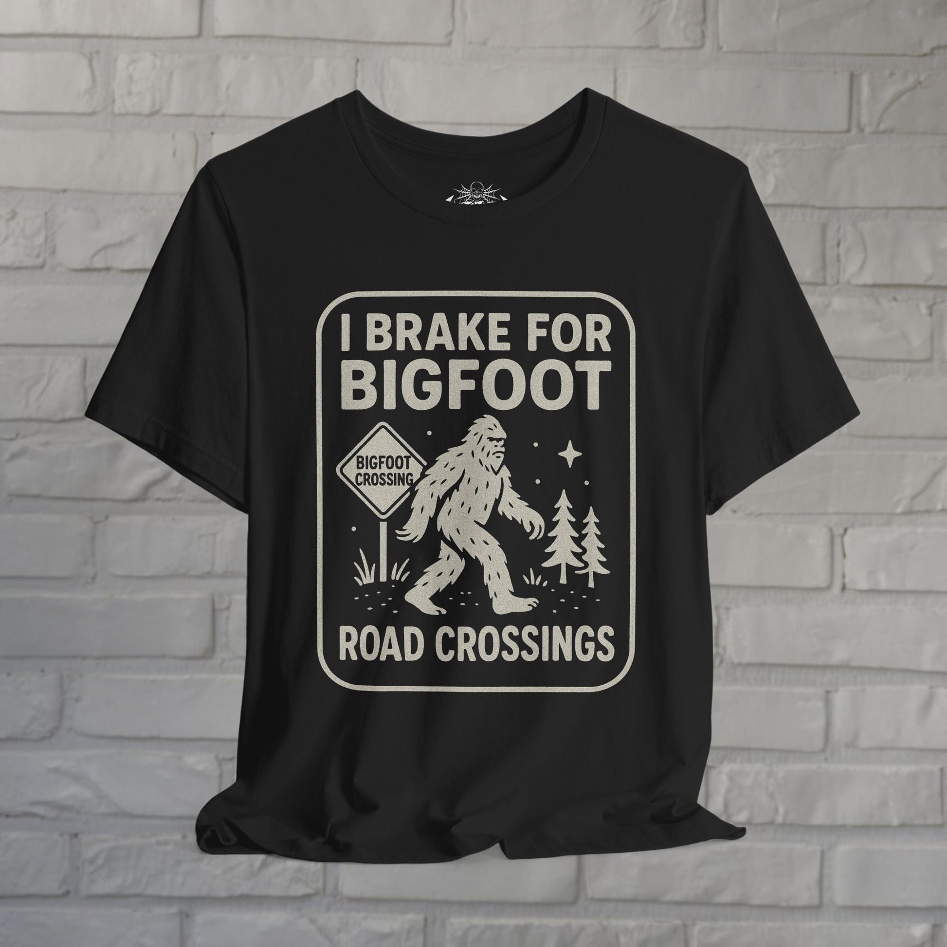 T-Shirt - Bigfoot T-Shirt Funny Crossing Tee I Brake For Bigfoot Shirt Black Tee Sasquatch Graphic Tee Outdoor Style Gift For Dad from SHIRT MONSTERS