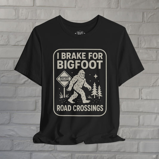 T-Shirt - Bigfoot T-Shirt Funny Crossing Tee I Brake For Bigfoot Shirt Black Tee Sasquatch Graphic Tee Outdoor Style Gift For Dad from SHIRT MONSTERS