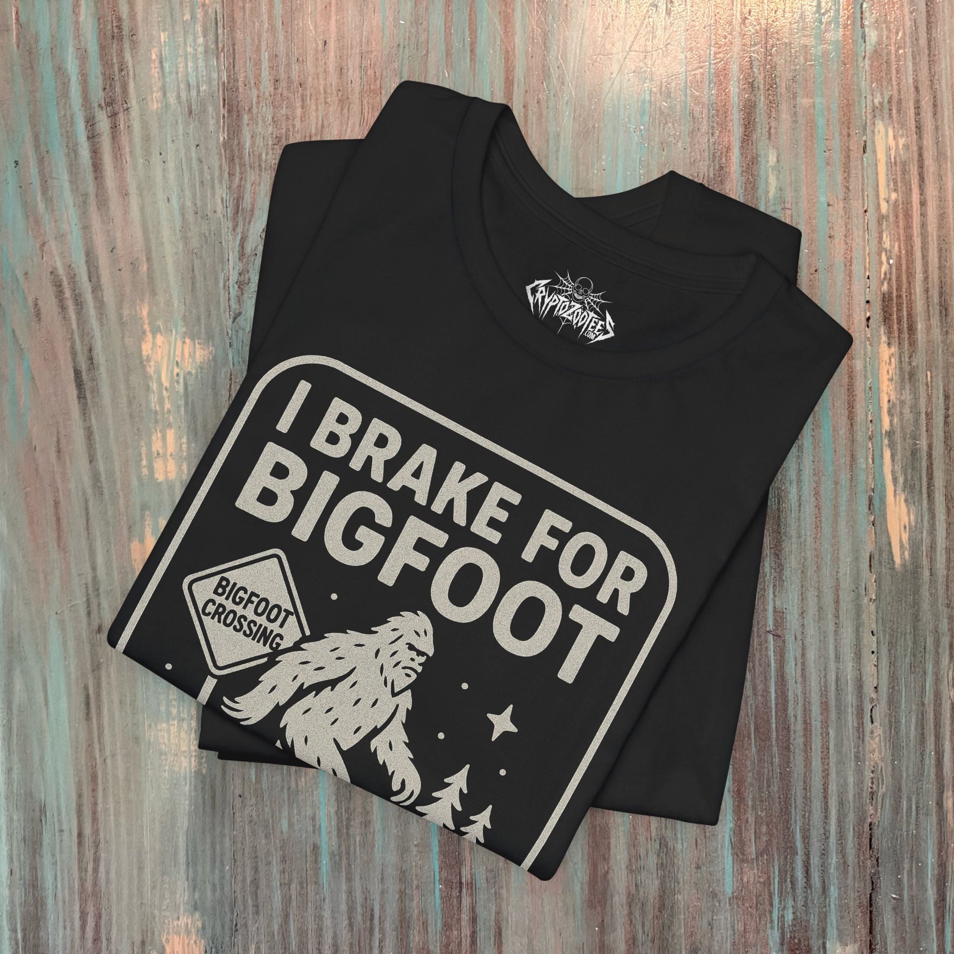 T-Shirt - Bigfoot T-Shirt Funny Crossing Tee I Brake For Bigfoot Shirt Black Tee Sasquatch Graphic Tee Outdoor Style Gift For Dad from SHIRT MONSTERS