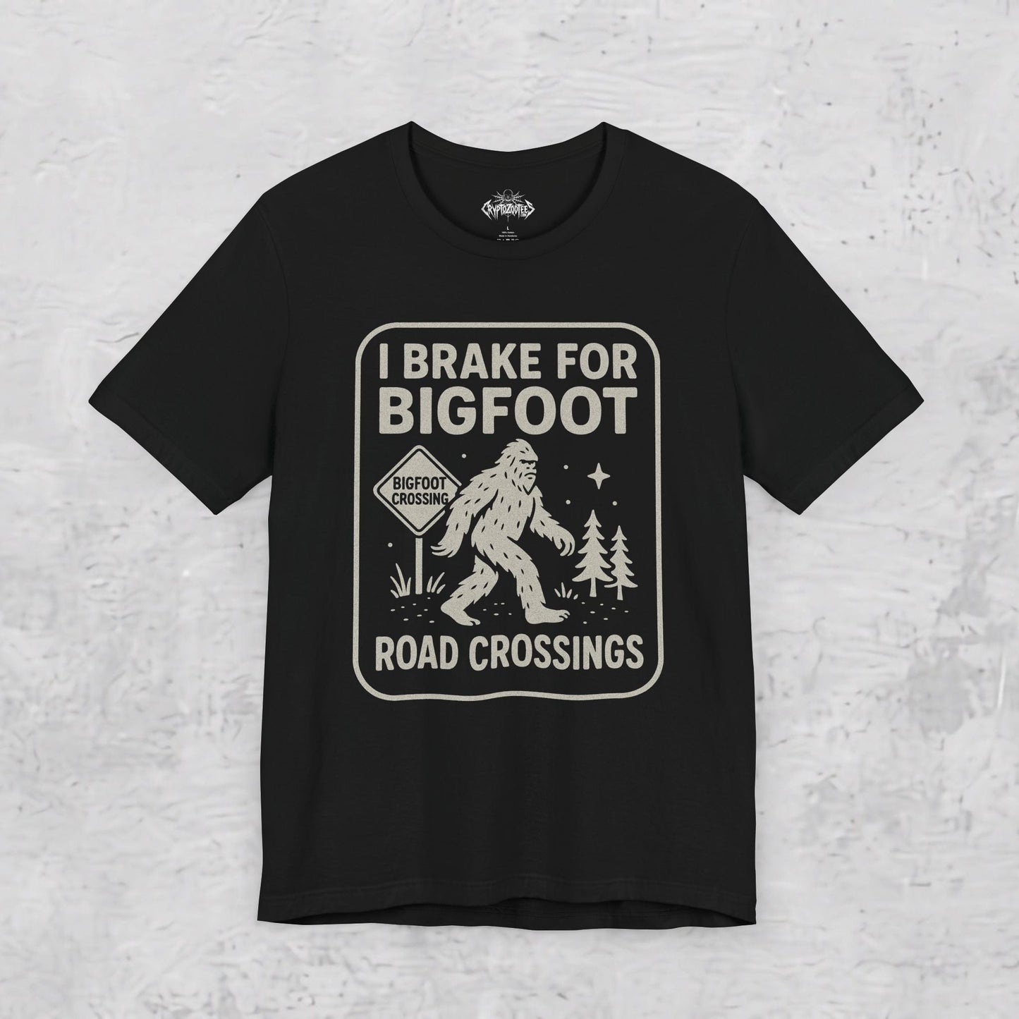 T-Shirt - Bigfoot T-Shirt Funny Crossing Tee I Brake For Bigfoot Shirt Black Tee Sasquatch Graphic Tee Outdoor Style Gift For Dad from SHIRT MONSTERS