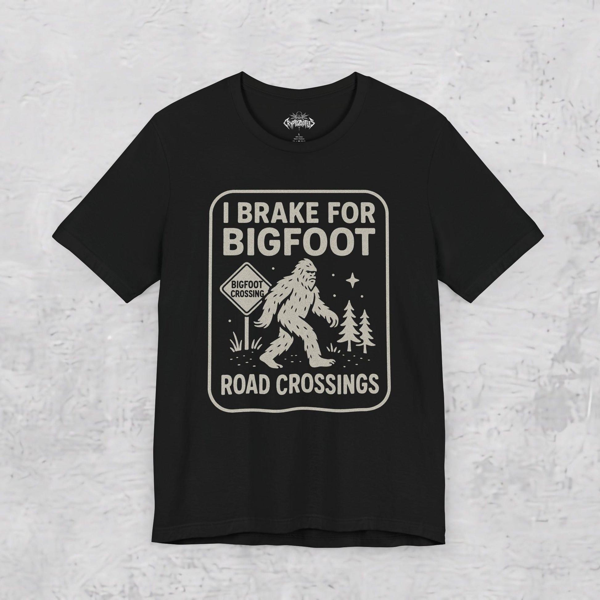 T-Shirt - Bigfoot T-Shirt Funny Crossing Tee I Brake For Bigfoot Shirt Black Tee Sasquatch Graphic Tee Outdoor Style Gift For Dad from SHIRT MONSTERS