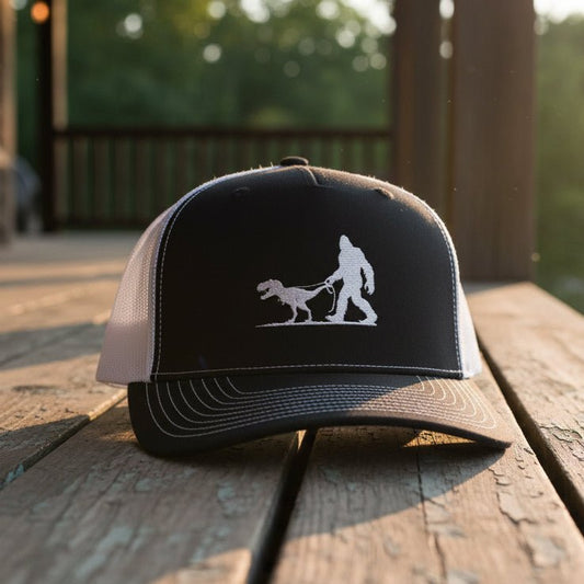 Hats - Bigfoot Walking Dinosaur Hat | Trucker Cap | Cryptids, Funny from Crypto Zoo Tees