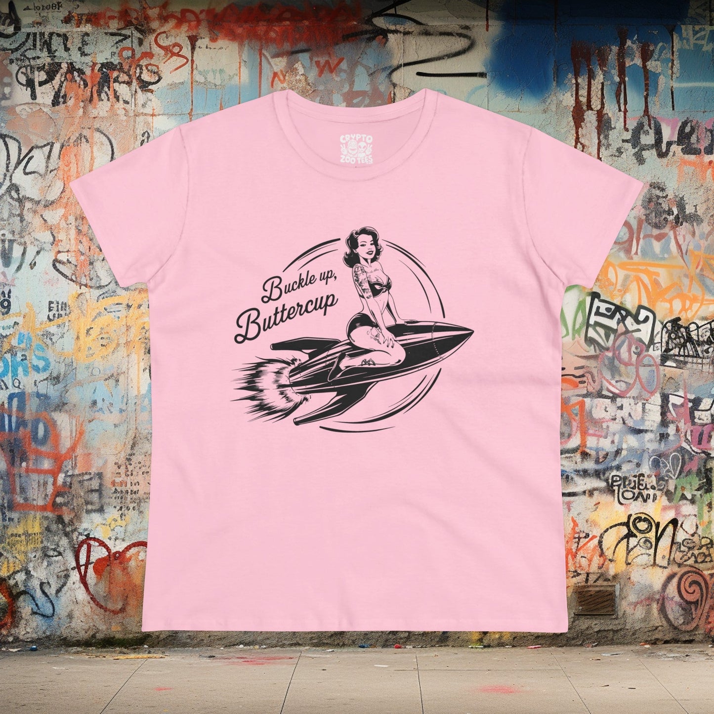T-Shirt - Buckle Up Buttercup | Pin-up on Rocket | Women's T-Shirt | Cotton Tee from Crypto Zoo Tees
