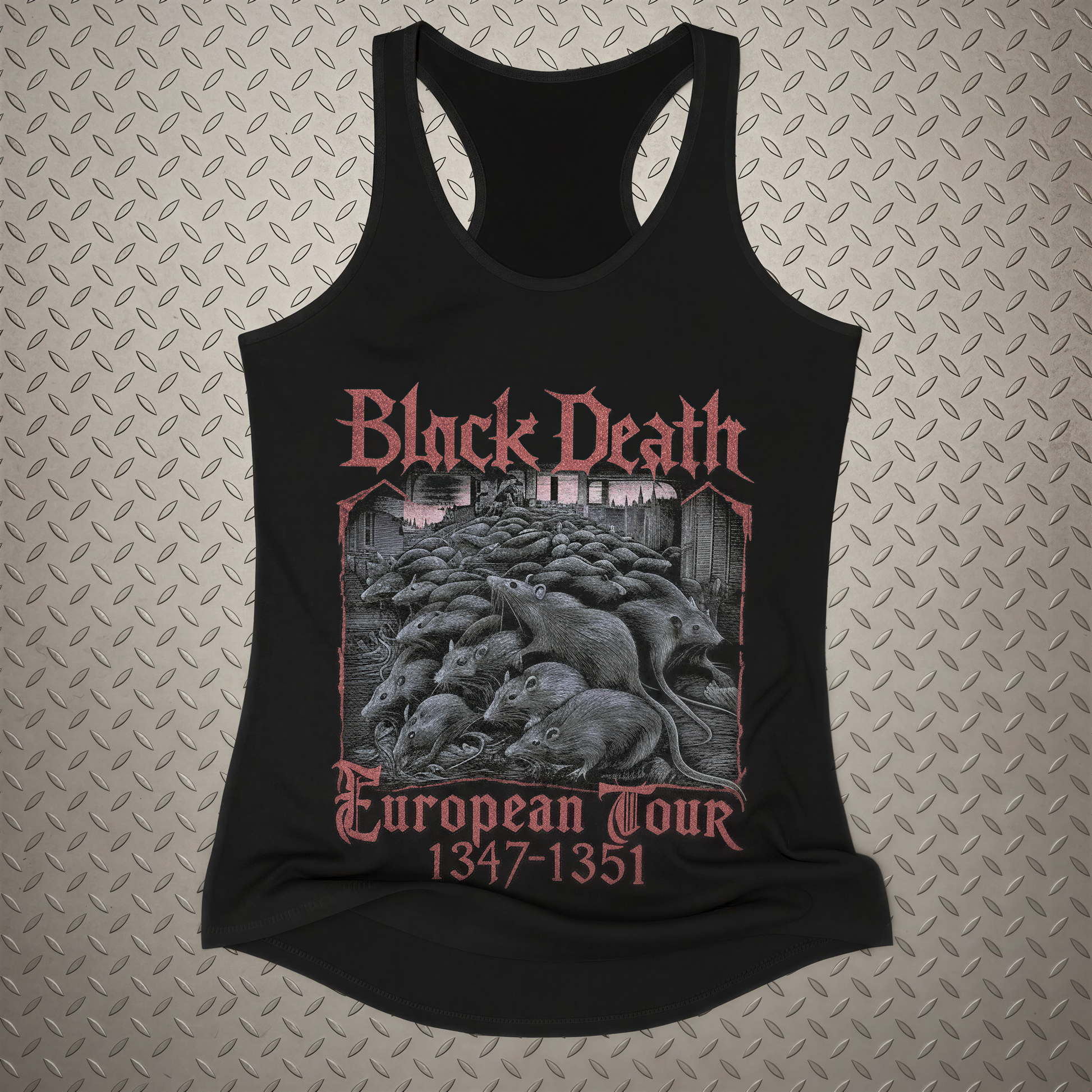 A black tank top with a graphic design featuring a group of rats and the text "Black Death European Tour 1347-1351".
