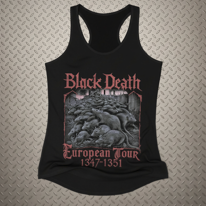 A black tank top with a graphic design featuring a group of rats and the text "Black Death European Tour 1347-1351".