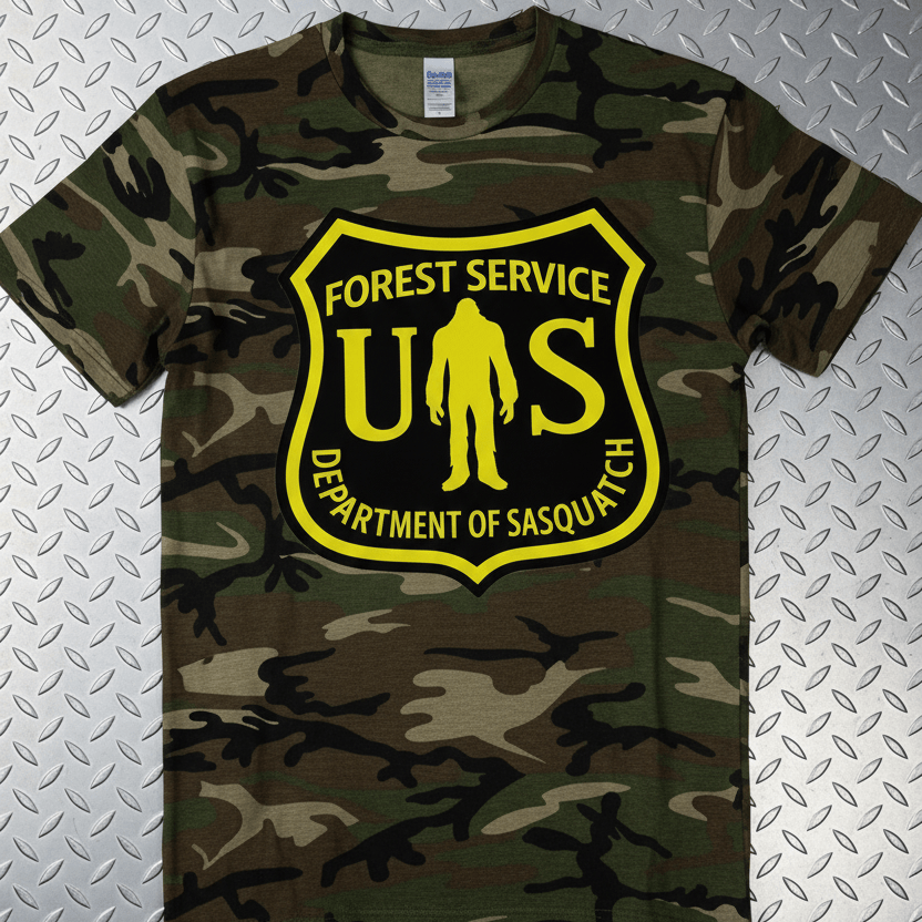 T-Shirt - Camo Bigfoot National Park Shirt | Unisex Port Authority Underground Threads Tee | Bigfoot, Retro & Vintage from SHIRT MONSTERS