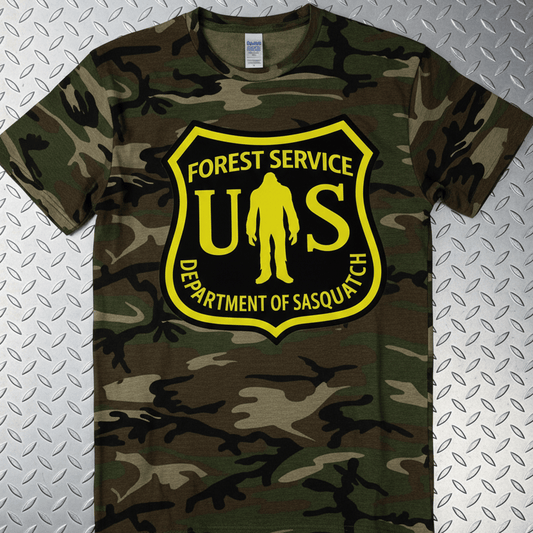 T-Shirt - Camo Bigfoot National Park Shirt | Unisex Port Authority Underground Threads Tee | Bigfoot, Retro & Vintage from SHIRT MONSTERS