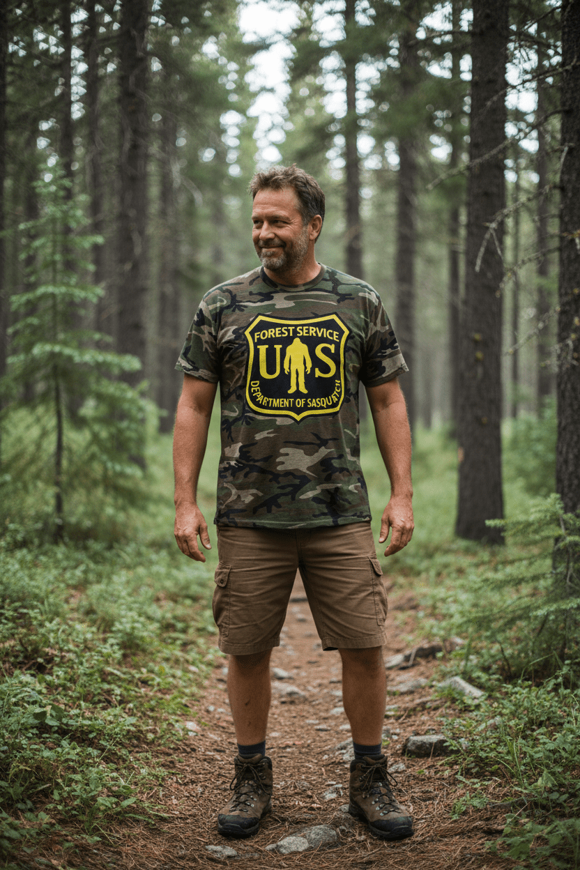 T-Shirt - Camo Bigfoot National Park Shirt | Unisex Port Authority Underground Threads Tee | Bigfoot, Retro & Vintage from SHIRT MONSTERS