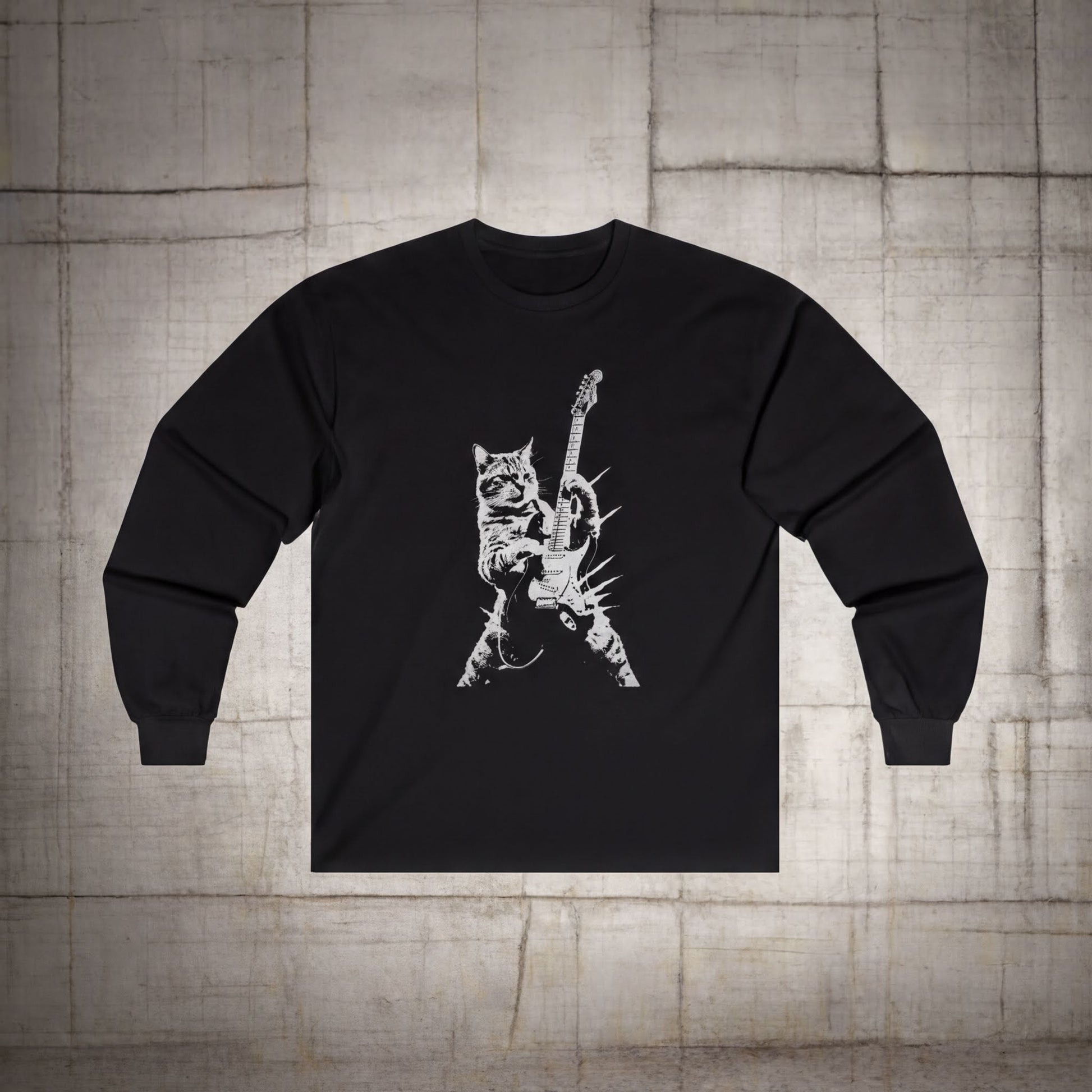 Long-sleeve - Cat Electric Guitar Shirt – Long Sleeve T-Shirt With Cool Cat Graphic Tee from SHIRT MONSTERS