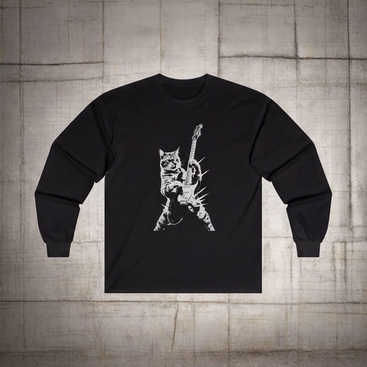 Long-sleeve - Cat Electric Guitar Shirt – Long Sleeve T-Shirt With Cool Cat Graphic Tee from SHIRT MONSTERS