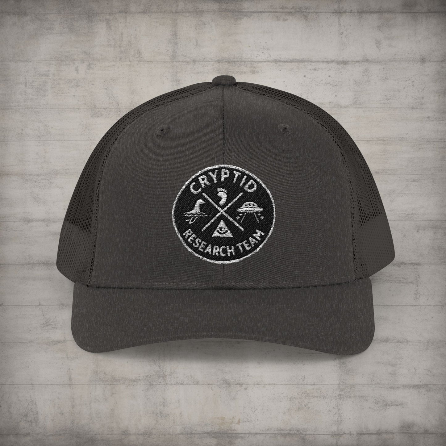 Hats - Cryptid Research Team Hat | Meshback Trucker Hat | Cryptids from SHIRT MONSTERS (Formally Crypto Zoo Tees)
