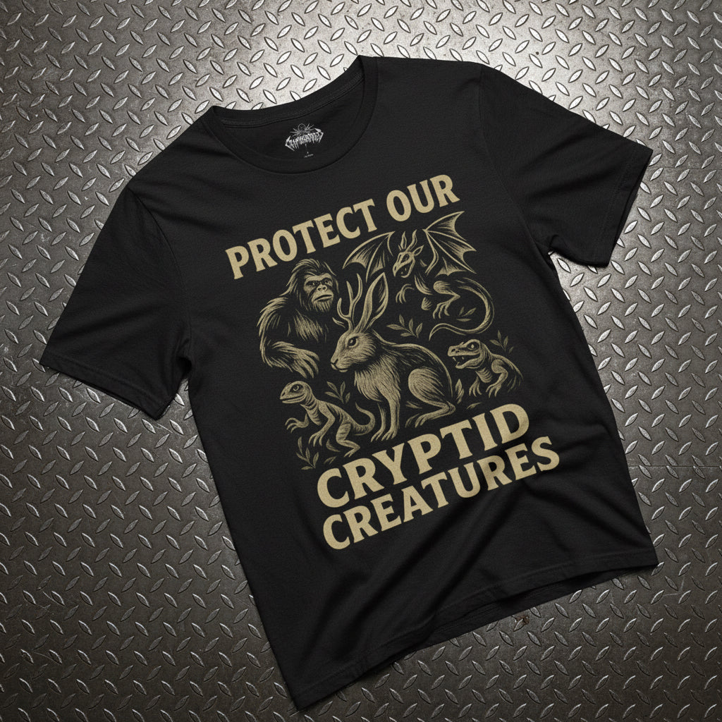 T-Shirt - Cryptid T-Shirt Protect Our Cryptids Tee Bigfoot Jersey Devil Lizard People Jackalope Shirt Black Tee Paranormal Style Gift For Fan from Crypto Zoo Tees