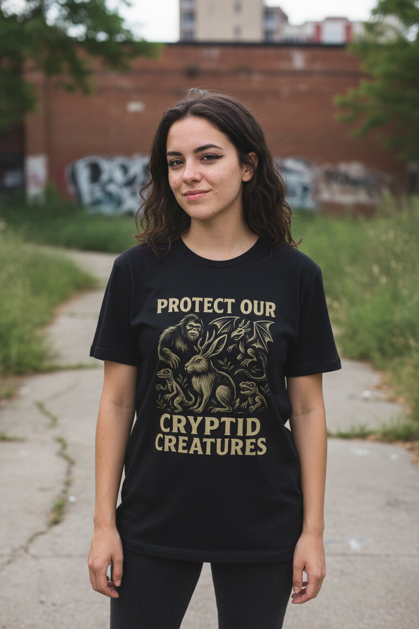 T-Shirt - Cryptid T-Shirt Protect Our Cryptids Tee Bigfoot Jersey Devil Lizard People Jackalope Shirt Black Tee Paranormal Style Gift For Fan from Crypto Zoo Tees