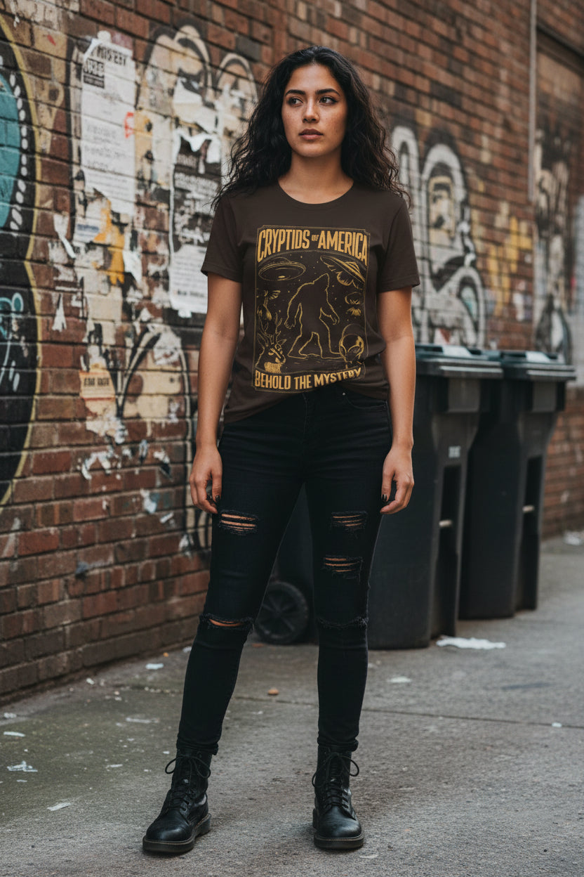 T-Shirt - Cryptids of America Behold The Mystery Shirt | Bigfoot Mothman Alien Tee | Bella + Canvas Unisex T-shirt from Crypto Zoo Tees
