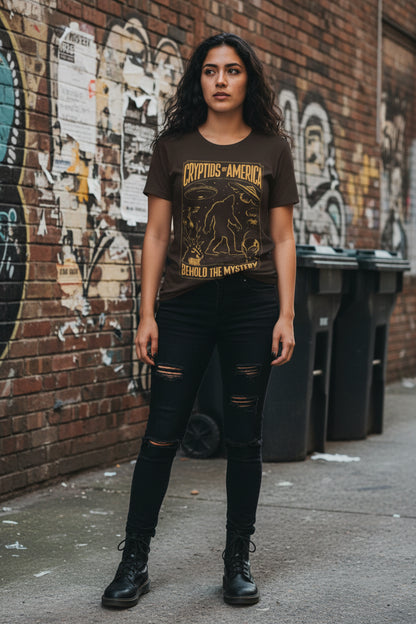 T-Shirt - Cryptids of America Behold The Mystery Shirt | Bigfoot Mothman Alien Tee | Bella + Canvas Unisex T-shirt from Crypto Zoo Tees