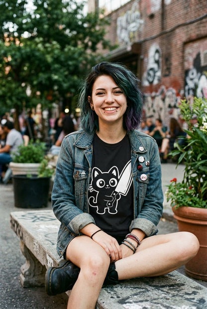 T-Shirt - Cute Cat Big Knife Shirt | Unisex Tee | Cats | Goth/Gothic from SHIRT MONSTERS