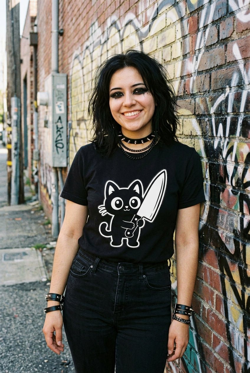 T-Shirt - Cute Cat Big Knife Shirt | Unisex Tee | Cats | Goth/Gothic from SHIRT MONSTERS