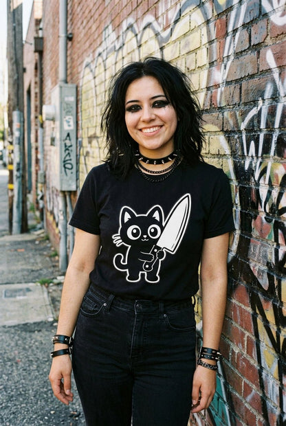 T-Shirt - Cute Cat Big Knife Shirt | Unisex Tee | Cats | Goth/Gothic from SHIRT MONSTERS
