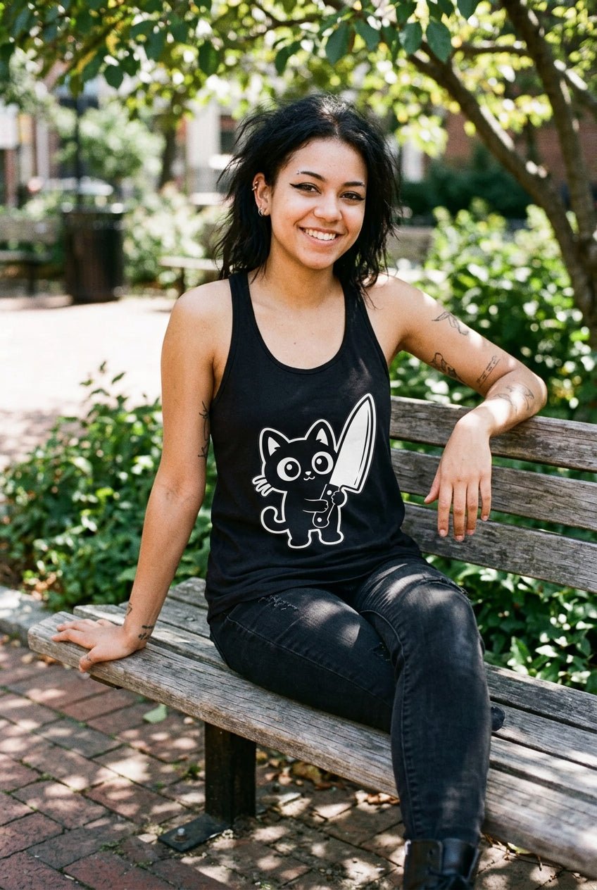 T-Shirt - Cute Cat Big Knife Shirt | Unisex Tee | Cats | Goth/Gothic from SHIRT MONSTERS
