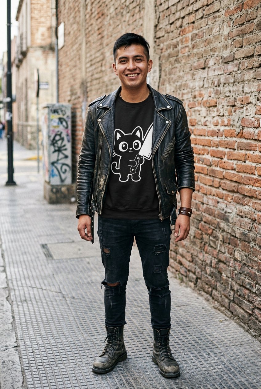 T-Shirt - Cute Cat Big Knife Shirt | Unisex Tee | Cats | Goth/Gothic from SHIRT MONSTERS