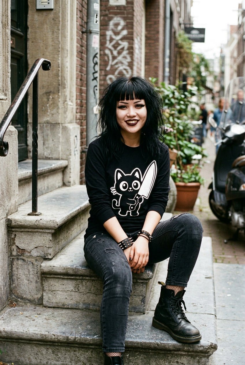 T-Shirt - Cute Cat Big Knife Shirt | Unisex Tee | Cats | Goth/Gothic from SHIRT MONSTERS