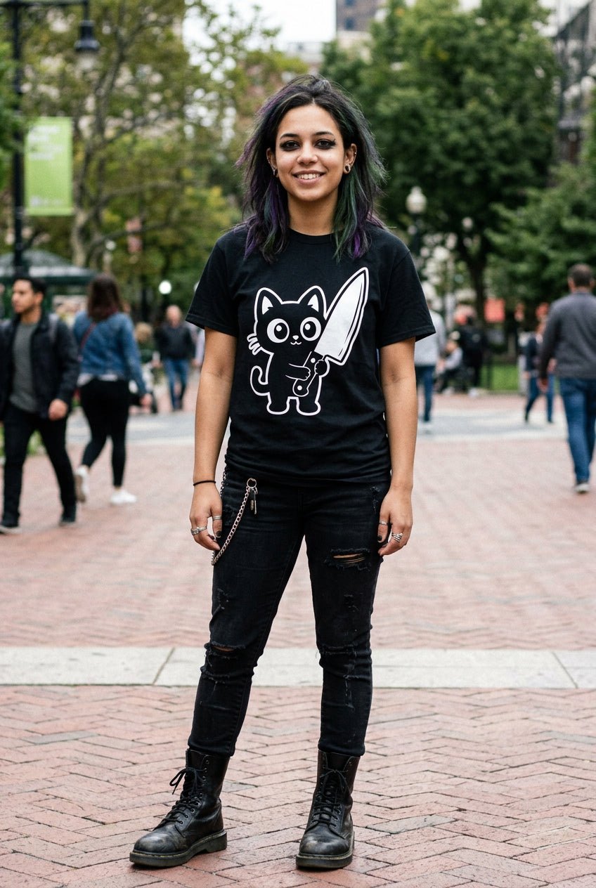 T-Shirt - Cute Cat Big Knife Shirt | Unisex Tee | Cats | Goth/Gothic from SHIRT MONSTERS