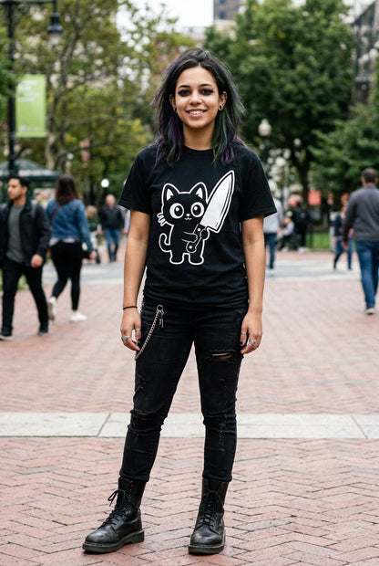 T-Shirt - Cute Cat Big Knife Shirt | Unisex Tee | Cats | Goth/Gothic from SHIRT MONSTERS