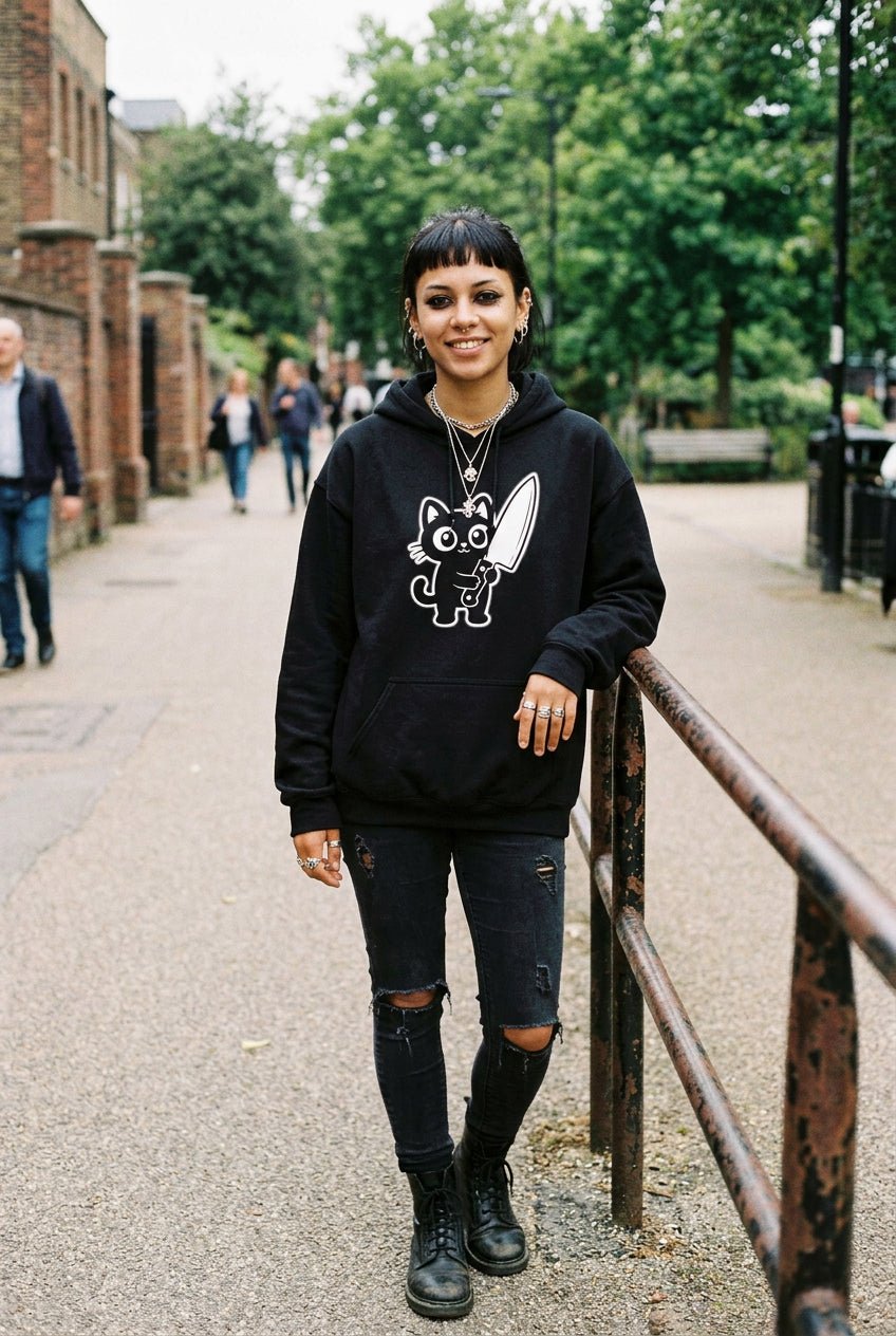 T-Shirt - Cute Cat Big Knife Shirt | Unisex Tee | Cats | Goth/Gothic from SHIRT MONSTERS