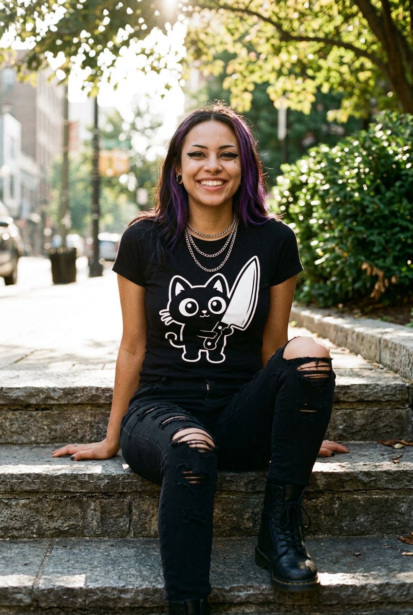 T-Shirt - Cute Cat Big Knife Shirt | Unisex Tee | Cats | Goth/Gothic from SHIRT MONSTERS