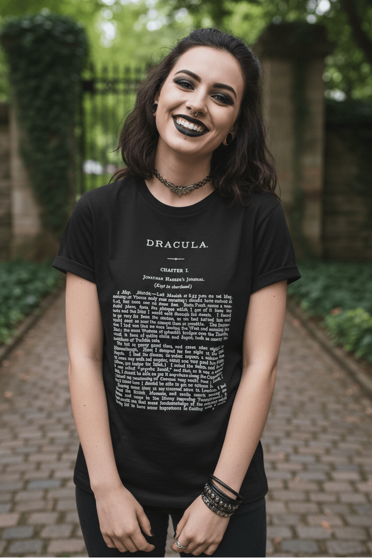 T-Shirt - Dracula First Page Tee | Horror, Books | Ladies Tee - Gildan 5000L from Crypto Zoo Tees
